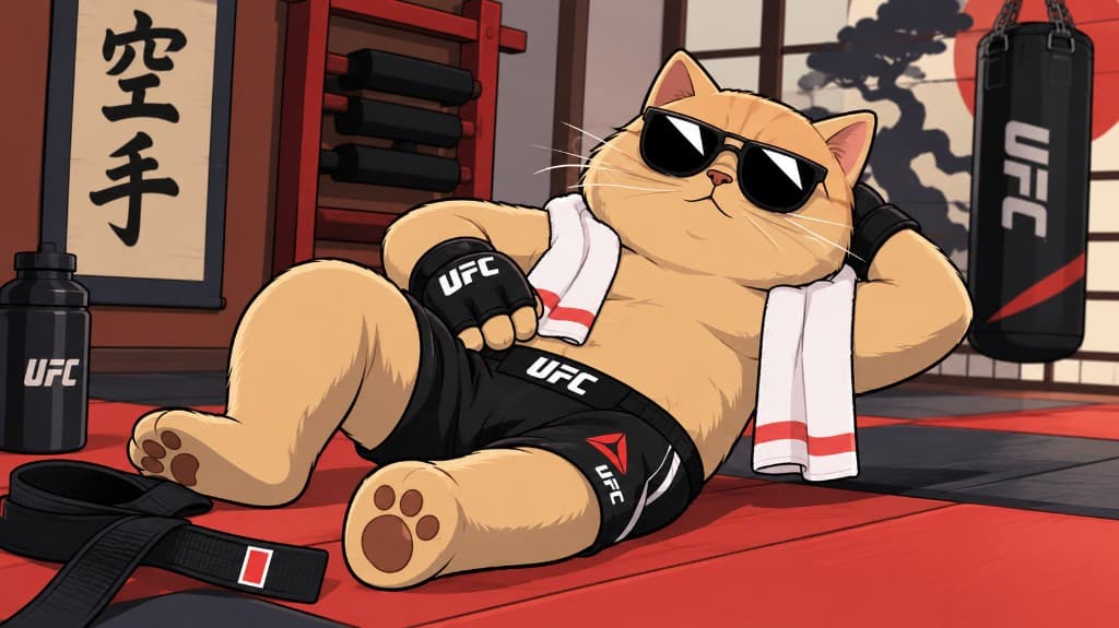 Karate Cat recovering in the dojo after training