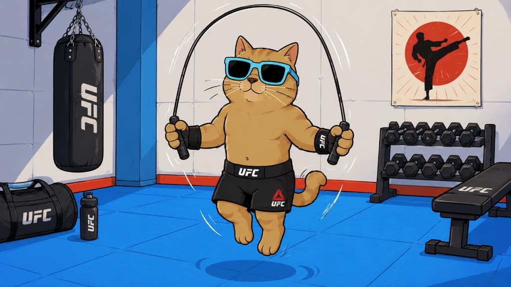 Karate Cat jumping rope in a UFC gym