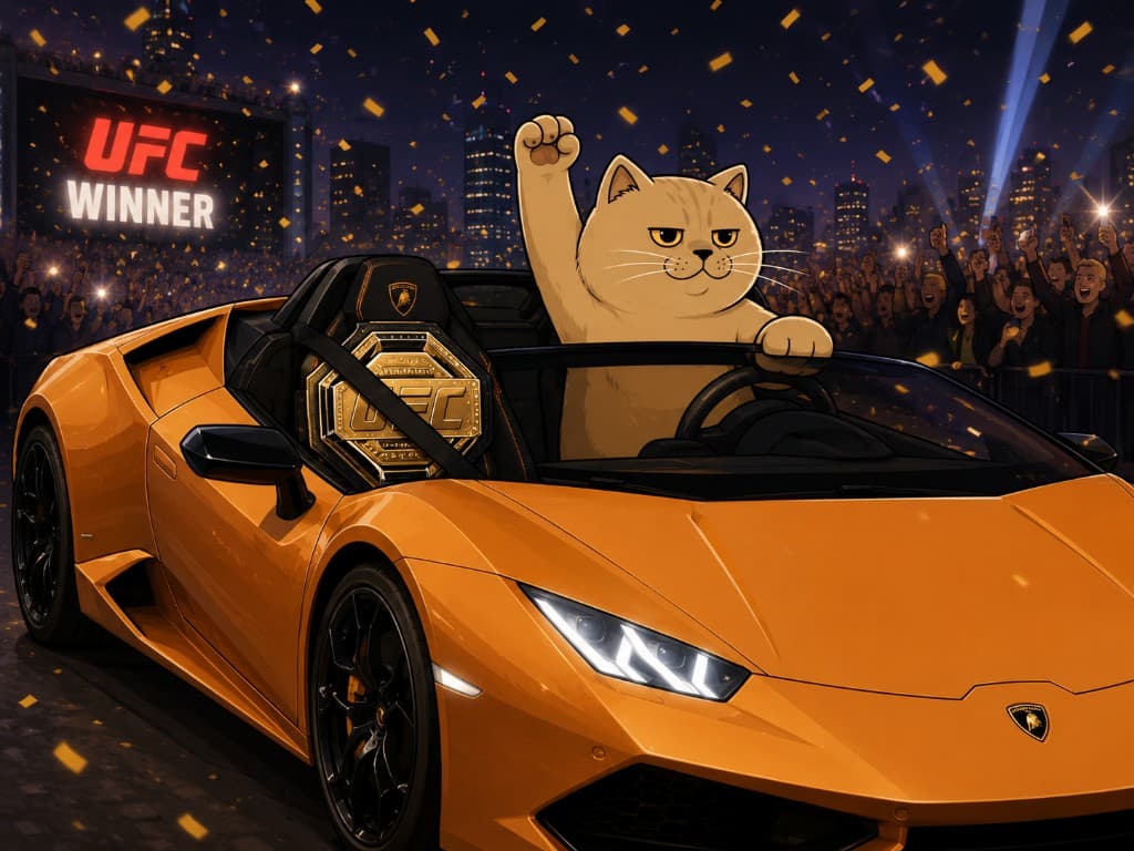 Karate Cat in a Lambo with a UFC championship belt