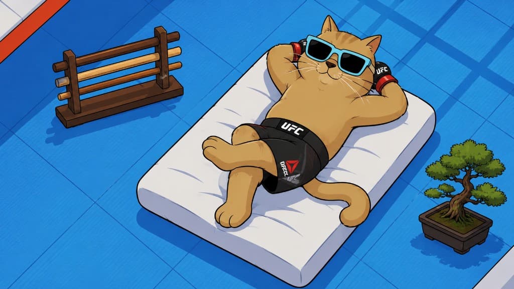 Karate Cat chilling on a mat with blue shades